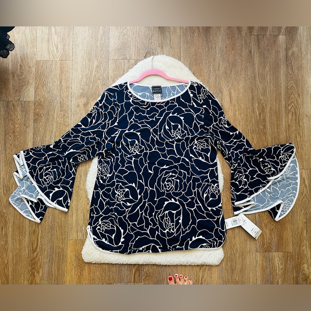 Coco Bianco Navy Floral Bell Sleeve Women’s Blouse